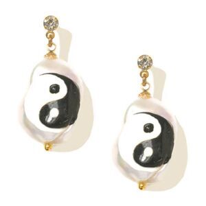 Venessa Arizaga Higher Mind Yin Yang Freshwater Pearl Post Earrings w/Crystals.